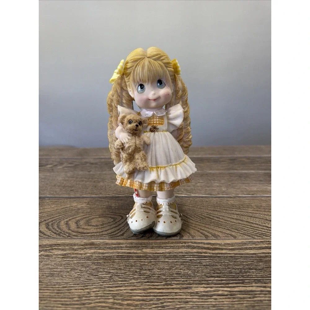Sweet Kids Co Girl Figurine with Teddy Bear & Yellow Plaid Bows Hair in Pigtails